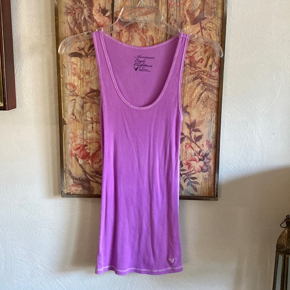 AEO AMERICAN EAGLE OUTF STRETCH PURPLE DISTRESSED BOYFRIEND BODYCON RIB TANK TOP - Picture 1 of 5